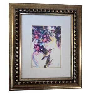 Jinsheng Song Framed Hummingbird Painting Purple Floral Gold Signed Art